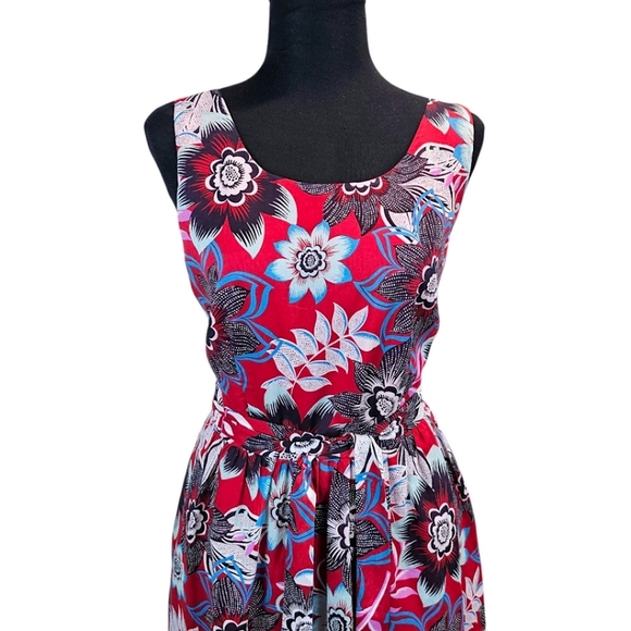 Talbots Red Jacquard Floral Tie Waist Fit & Flare Dress 10P Cotton Preppy Summer - Picture 6 of 16